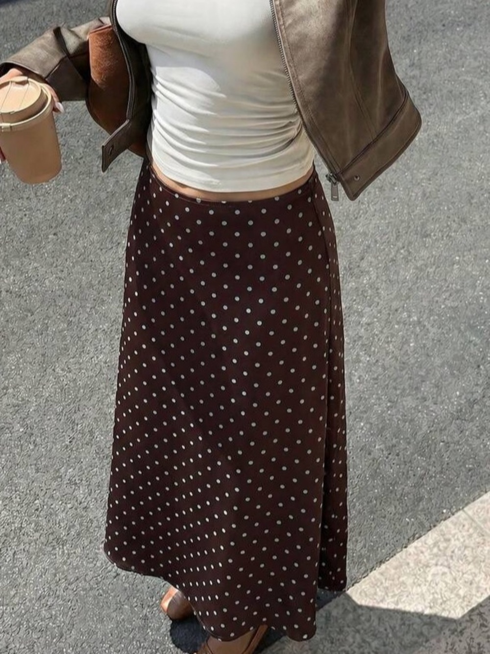 Polka Dot A-Line Midi Skirt in Dark Brown